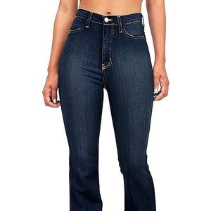 Super high waist denim dark blue flare jeans